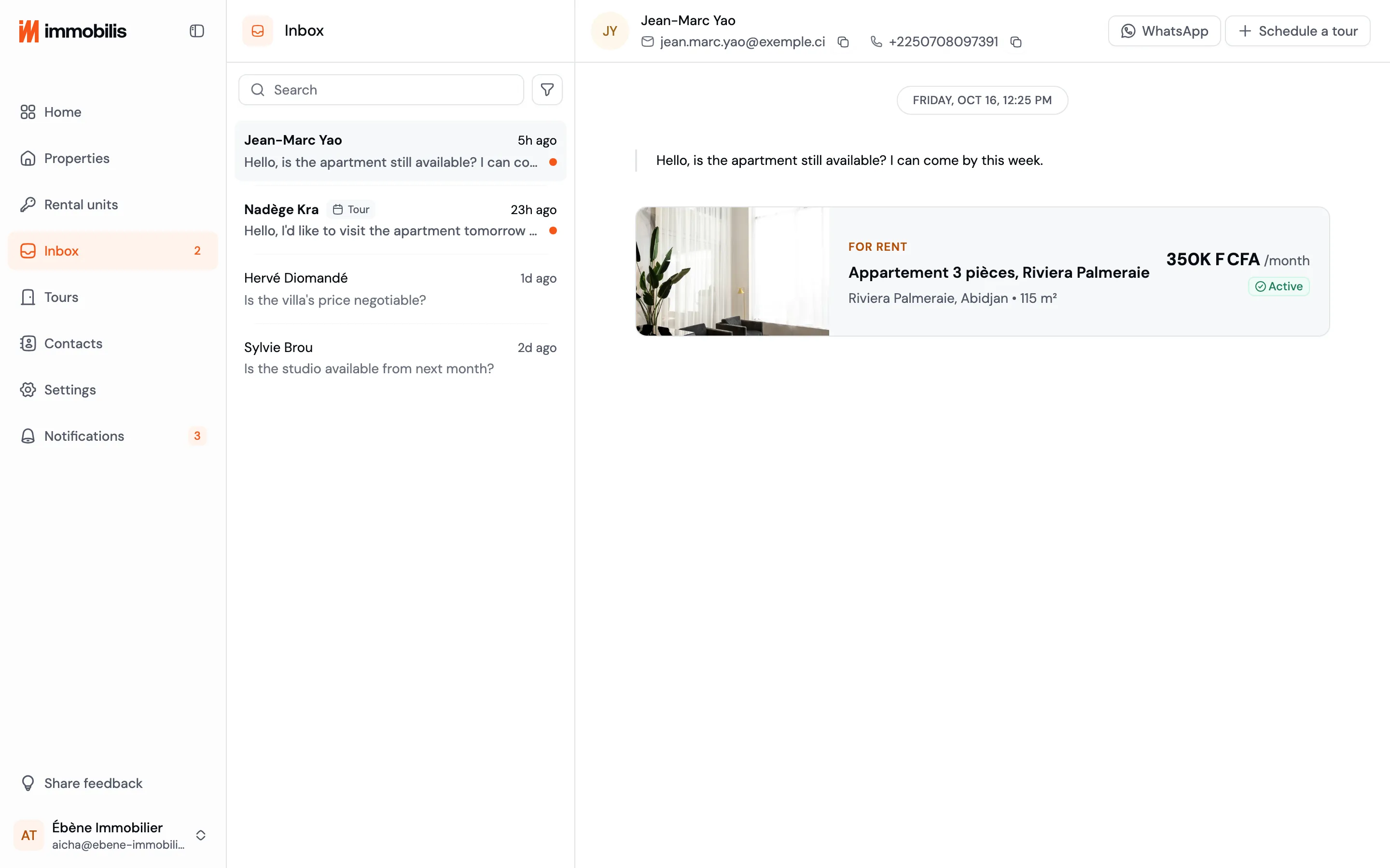 Immobilis · the inbox, with an inquiry open next to its property