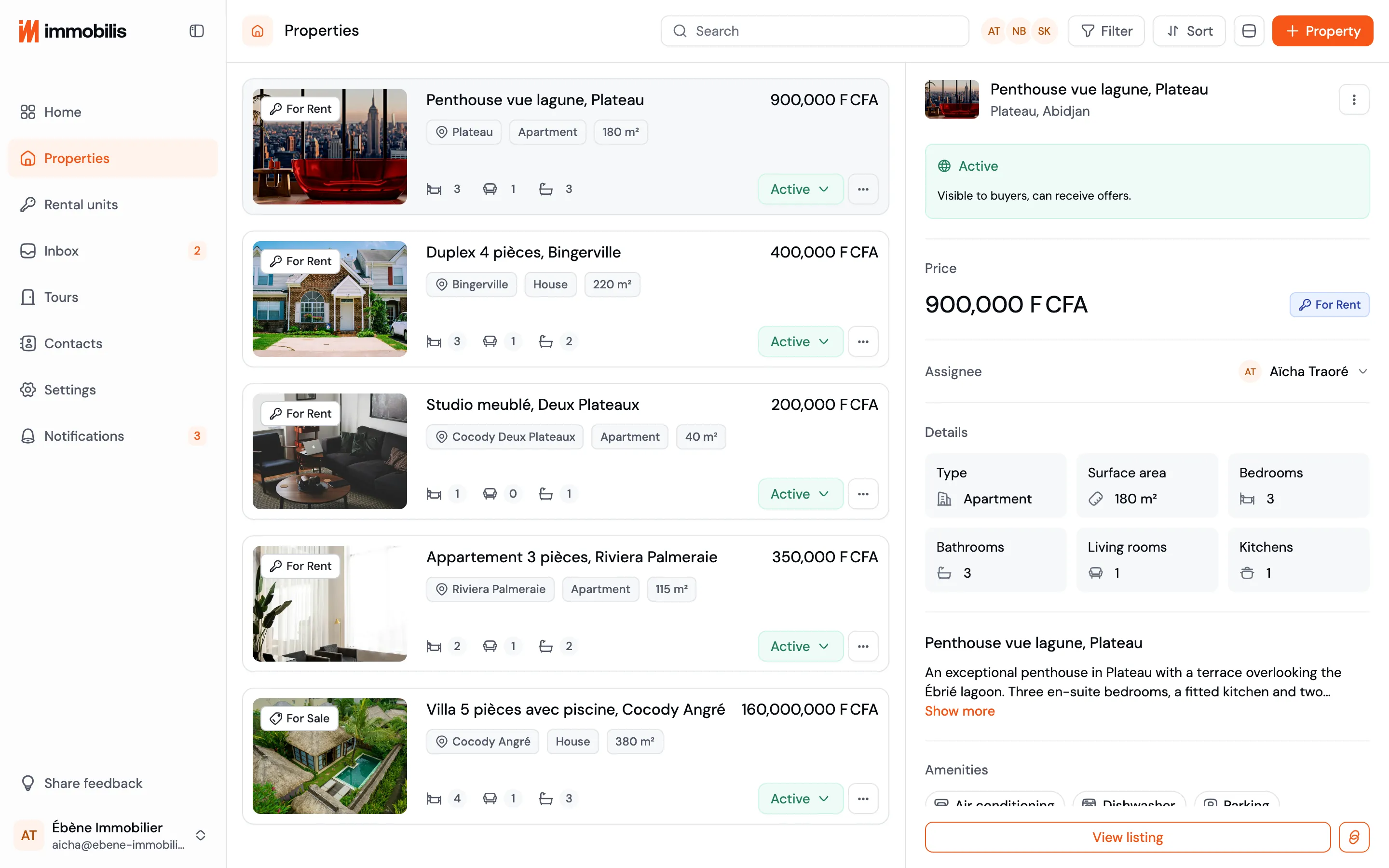 Immobilis · properties with their photos, prices and statuses