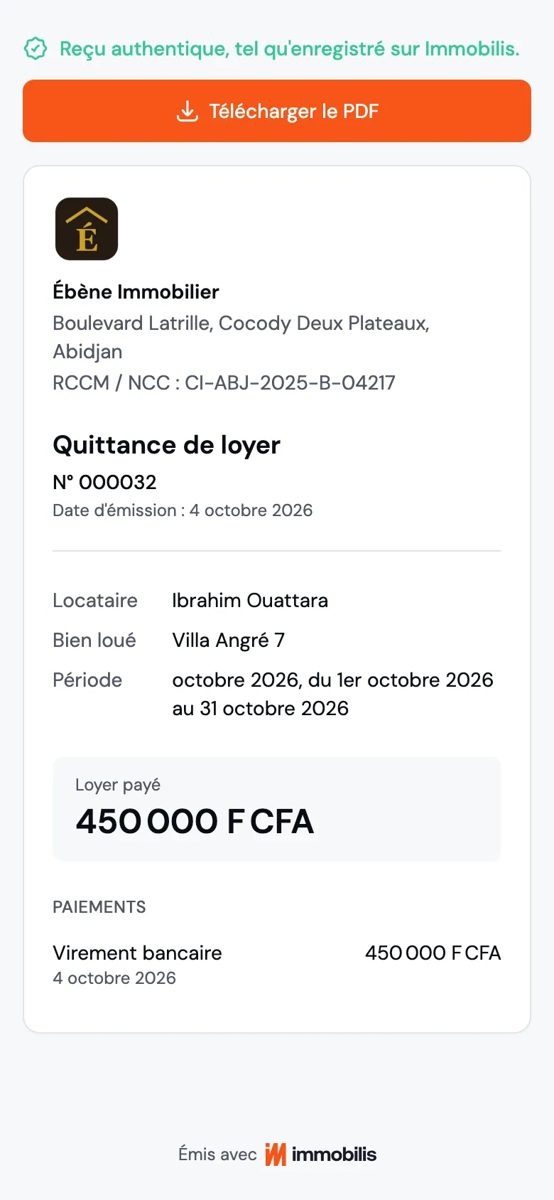 Une quittance de loyer envoyée au locataire
